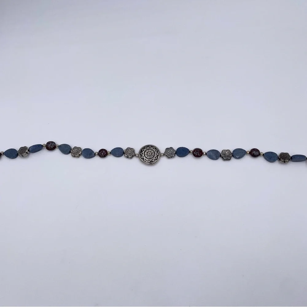 Silver Blue Natural Stone Beaded Statement Pendant Necklace Artsy Unique Boho